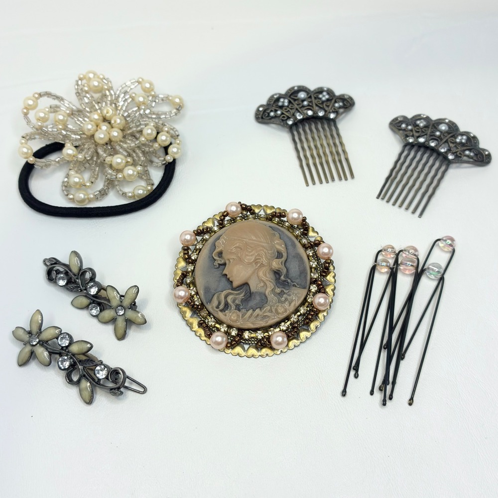 Vintage Hair Accessory Lot Cameo Brooch Clip Pearl Flower Combs Barrettes Pins